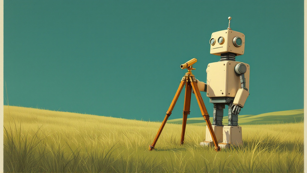 A tin-toy robot standing in open grassland beside a wooden surveyor's tripod, looking out across the field