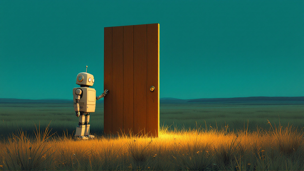 A tin-toy robot in a dusk field with one hand on a lone wooden door, warm light spilling from the gap