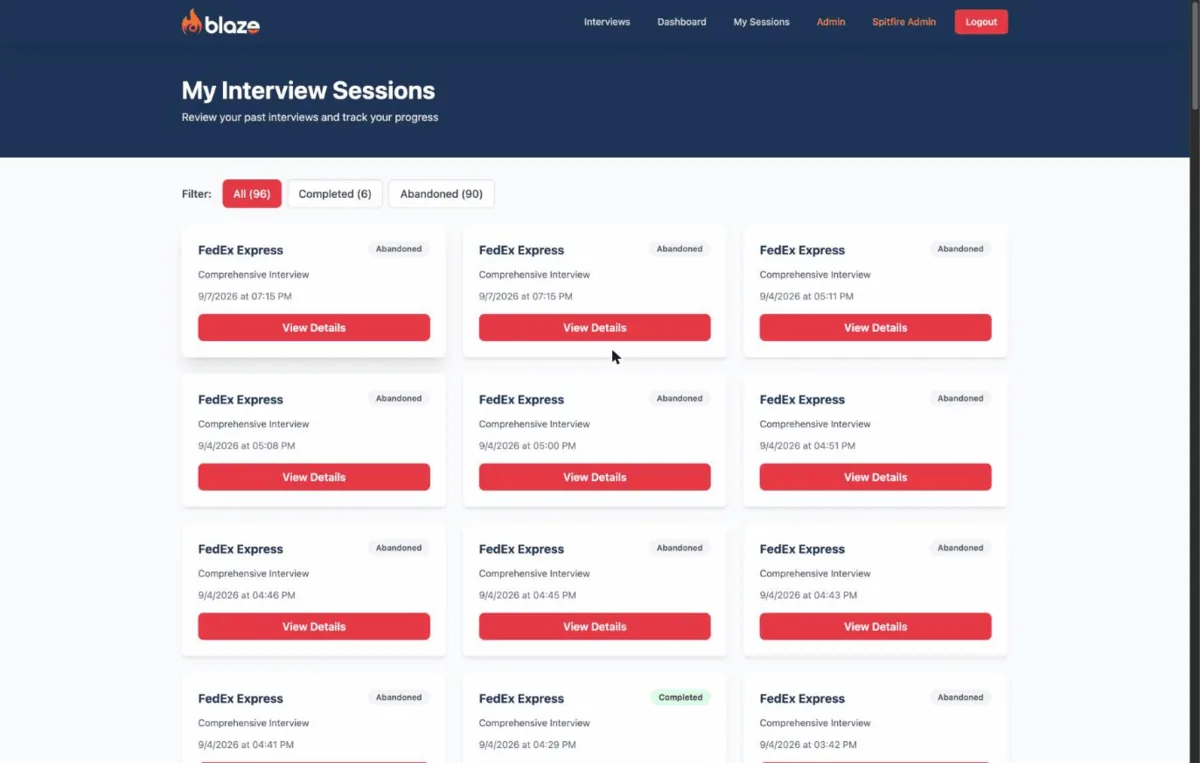 Blaze admin: interview sessions by airline