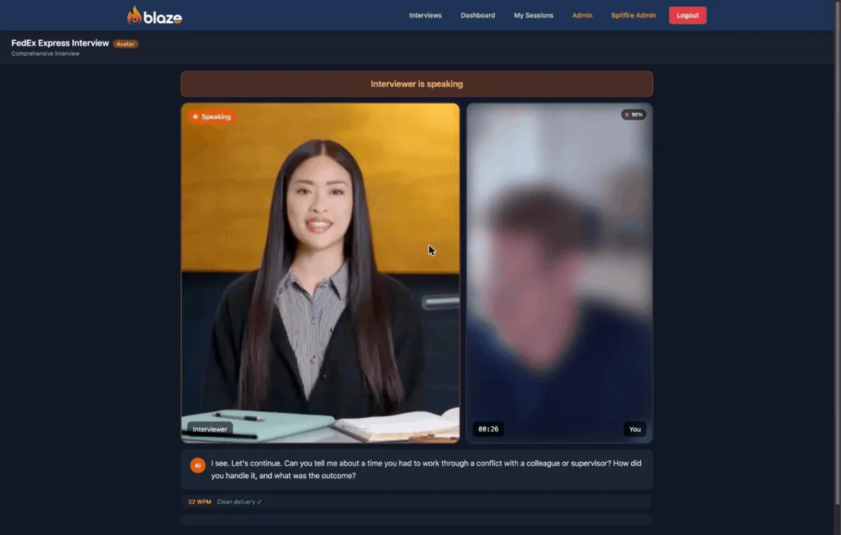 Blaze: a live AI mock interview — the airline interviewer asks, the candidate answers, delivery metrics update in real time