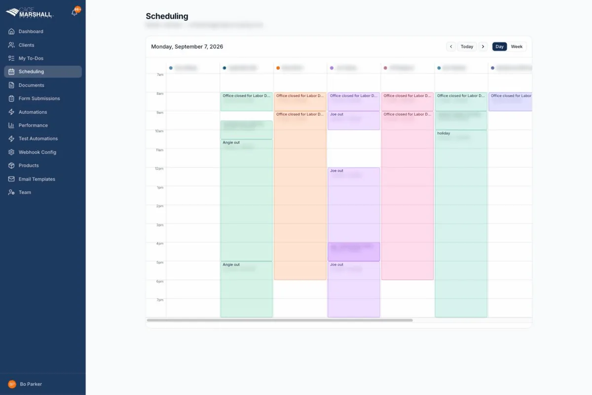 Cage Ops scheduling: the week’s appointments