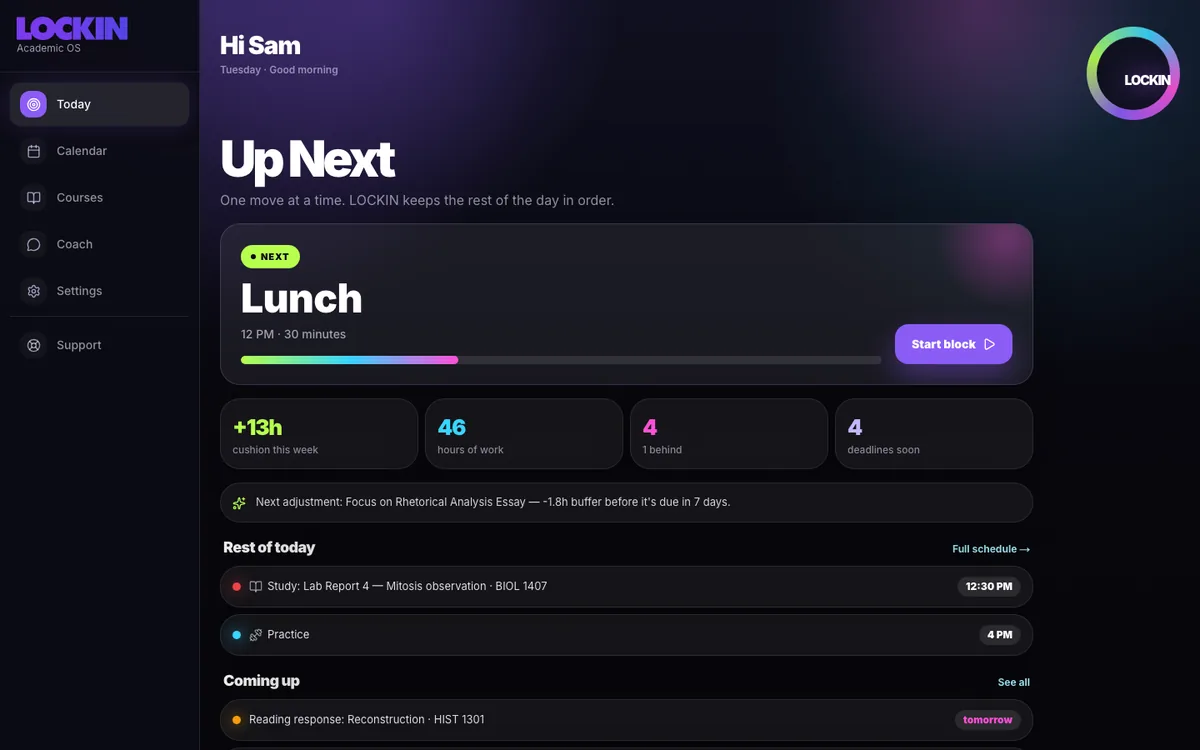 LOCKIN command center: today’s next moves, deadline radar, quick actions