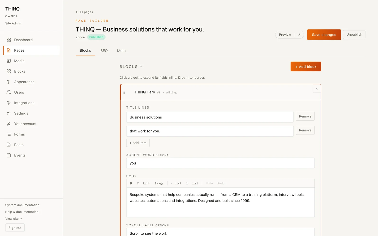 THINQ Site page builder: sections edited inline with a live preview
