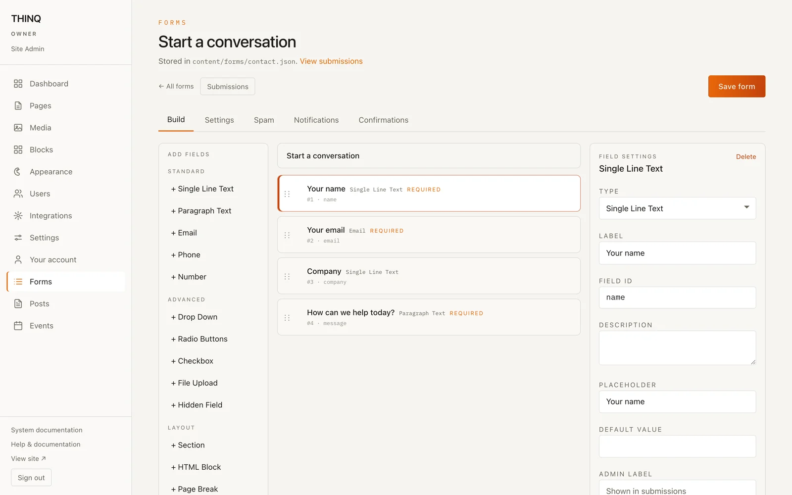 THINQ Site form builder: fields, notifications and spam quarantine